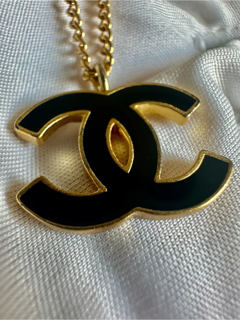 Vintage CHANEL 02A Black Enamel Gold CC Logo Pendant Necklace